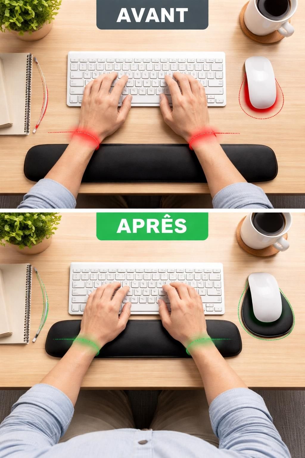 découvrez comment ajuster votre repose-poignets à la taille de votre main pour un confort optimal et éviter les douleurs lors de l'utilisation prolongée de l'ordinateur.