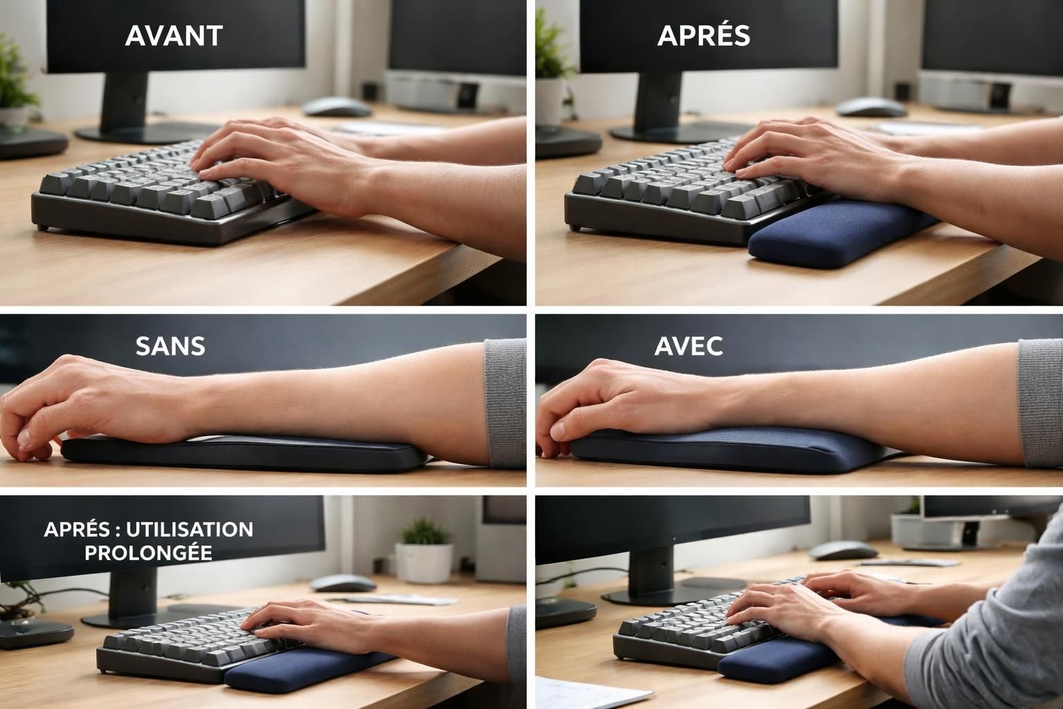 découvrez comment un repose-poignets peut améliorer la position naturelle de vos mains pour réduire la fatigue et prévenir les douleurs lors de l'utilisation prolongée du clavier ou de la souris.