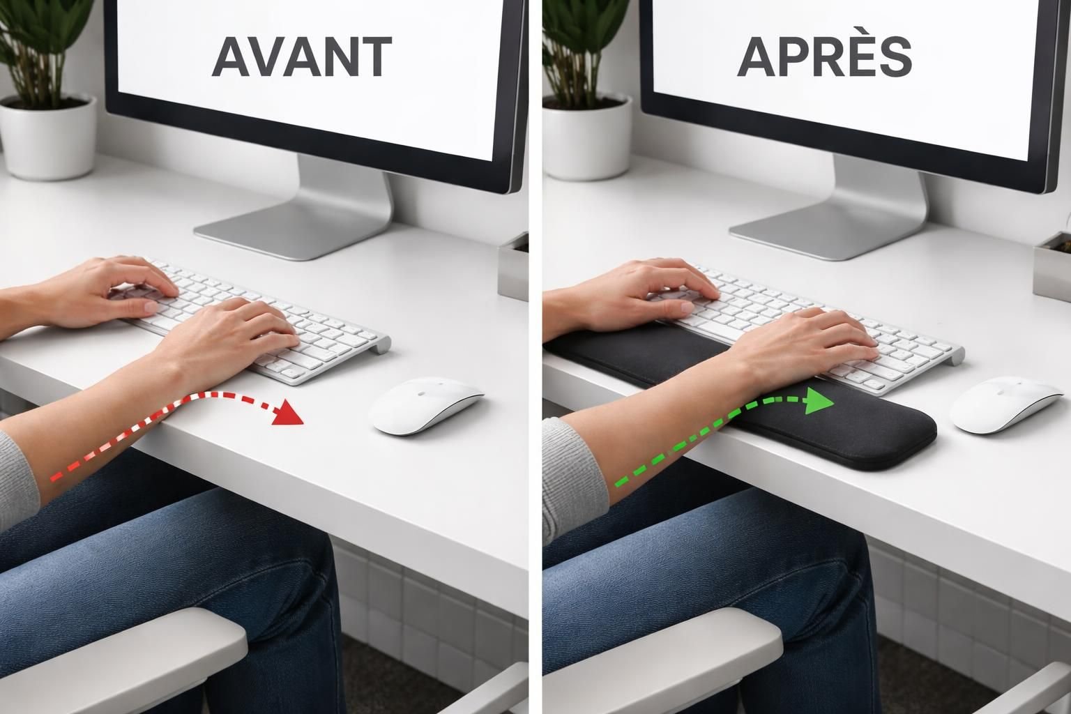 découvrez comment un repose-poignets peut améliorer la position naturelle de vos mains, réduire la fatigue et prévenir les douleurs lors de l'utilisation prolongée de l'ordinateur.