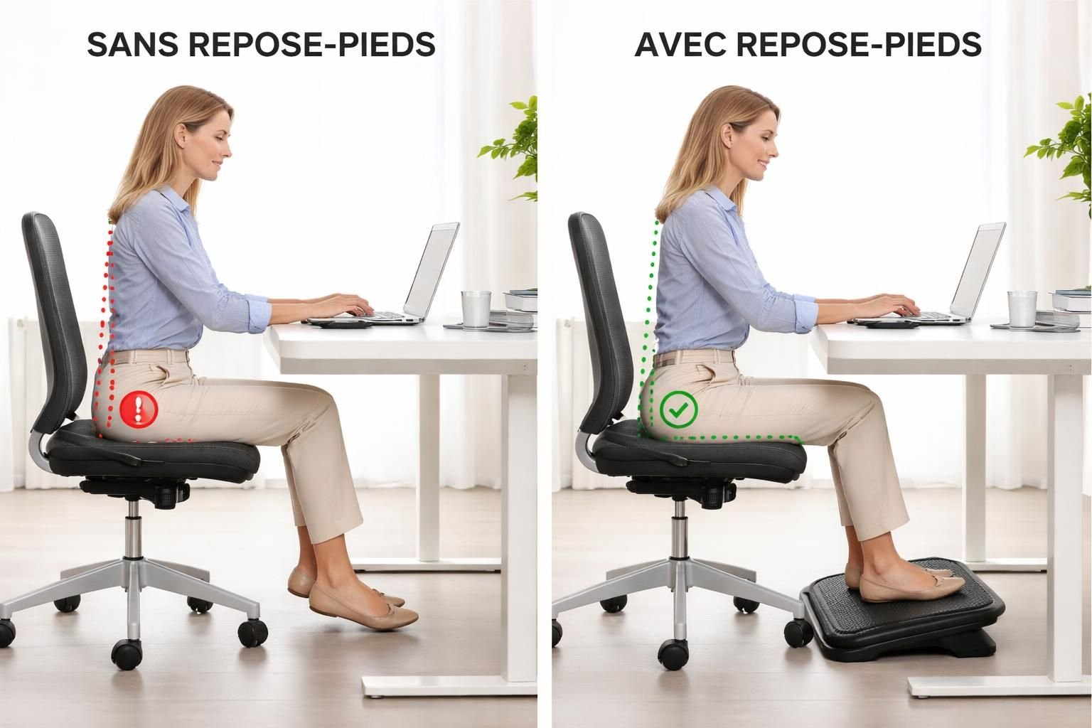 améliorez votre posture assise au bureau avec un repose-pieds ergonomique pour un meilleur alignement et confort tout au long de la journée.
