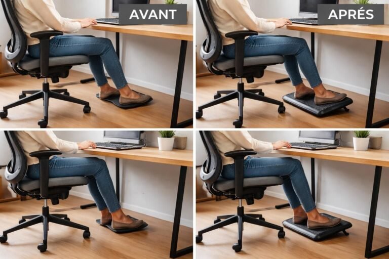 découvrez notre repose-pieds réglable conçu pour soulager efficacement le bas du dos au bureau, offrant un confort optimal et améliorant votre posture durant la journée de travail.