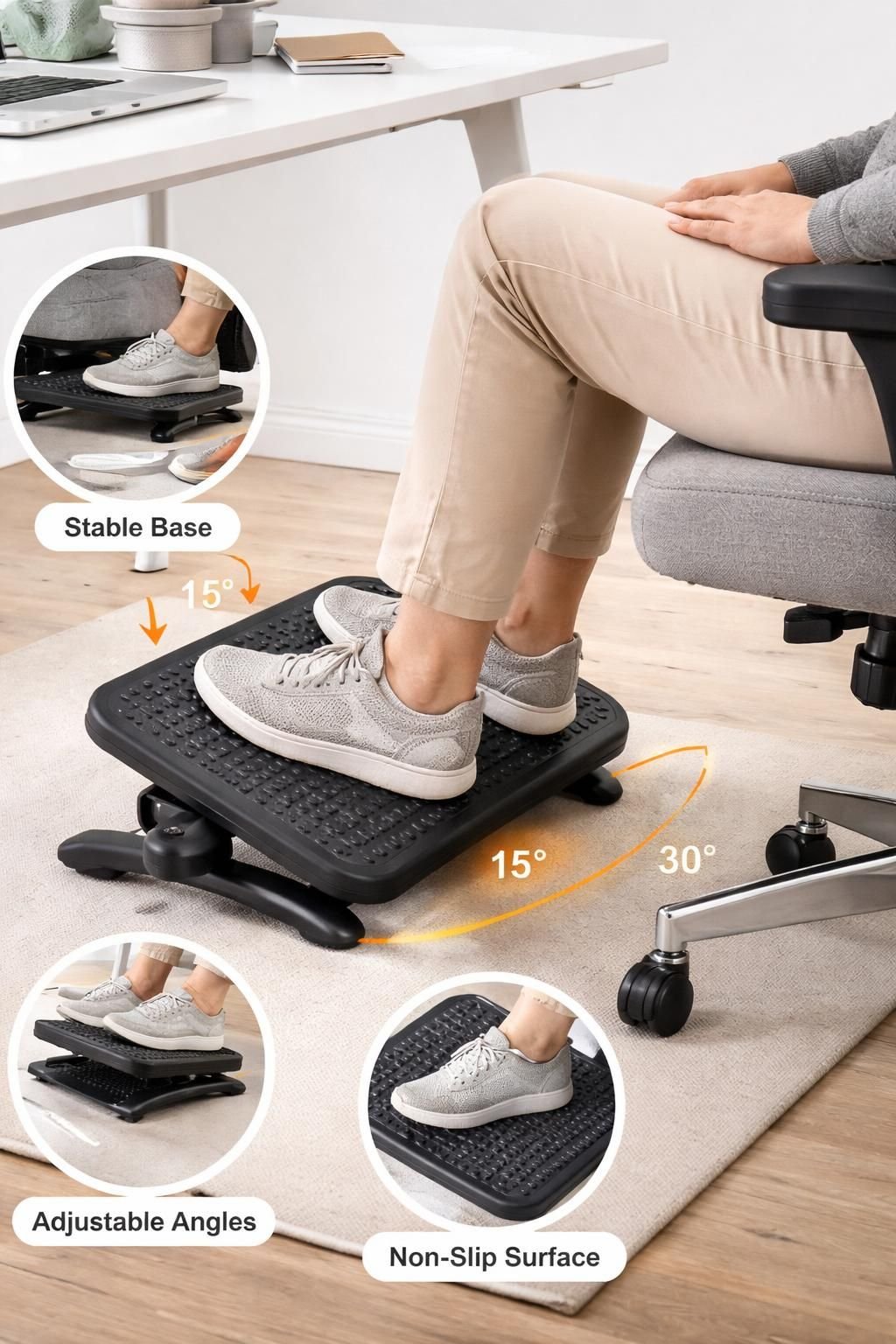 découvrez notre repose-pieds inclinable conçu pour offrir un confort personnalisé lors de votre télétravail, améliorant votre posture et réduisant la fatigue.