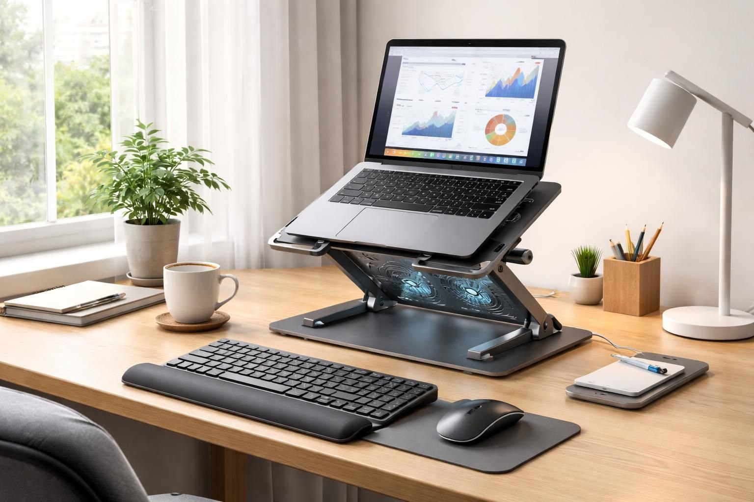 découvrez notre support laptop avec refroidisseur intégré, la solution idéale pour maintenir votre ordinateur portable au frais et éviter la surchauffe pendant vos longues sessions de travail.